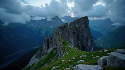 Obraz premium Creux du Van in Switzerland on a cloudy night, viewed from above. Faint light outlines the rocky edges, while thick clouds cast a soft glow over the mysterious landscape.