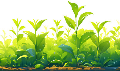 Illustration of matcha tea leaves, harvesting, processing, traditional tools, tea ceremonies, matcha beverages, desserts, and green tea plantations on a white background.