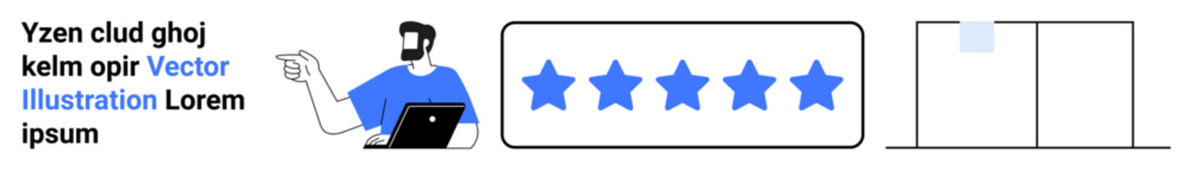 Man analyzing five-star feedback with a laptop, highlighting satisfaction, quality, analytics, or review process. Ideal for customer engagement, service quality, evaluation, testimonial UX design