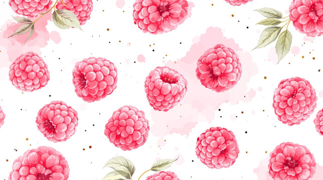 Watercolor pattern featuring raspberries white background	