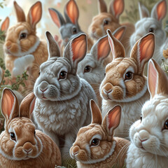 Fototapeta premium Placeholder An illustrative editorial image shows a group of fluffy rabbits. This generative AI content features furry brown and gray rabbits with long ears.