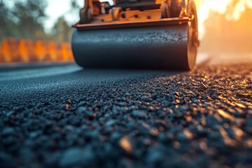 Close up of an asphalt roller compacting tarmac with stunning details and cinematic lighting effects