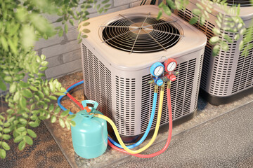 An outdoor air conditioning unit undergoing maintenance, with a refrigerant tank and manifold gauge...