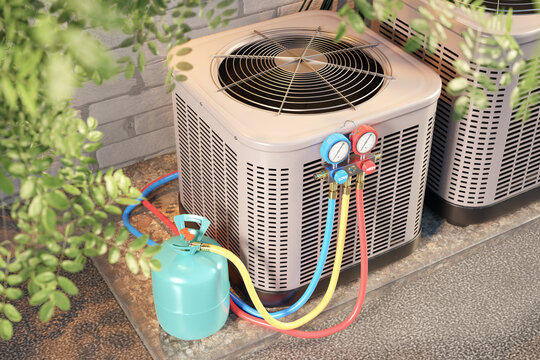 An outdoor air conditioning unit undergoing maintenance, with a refrigerant tank and manifold gauge set connected, ensuring proper cooling performance and system efficiency 3d image