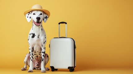 dalmatian dog with suitcase and straw hat against yellow background, pet friendly summer vacation in a family hotel
