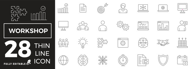 Workshop Icon set of web and mobile in thin line style.  Business Workshop  Icons & Symbols Containing team building, teamwork, coaching, meeting, managing and more