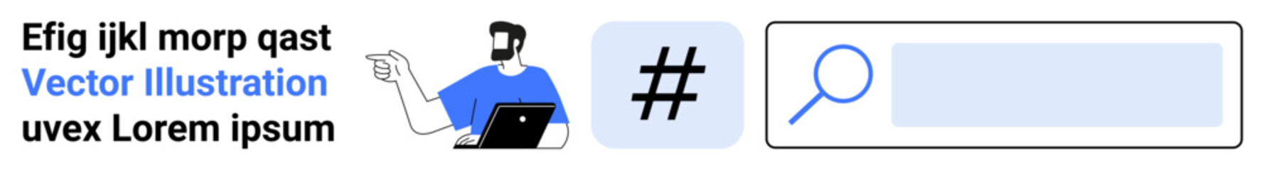 Man with laptop exploring search bar and metadata tag for online tools, digital search, social media, SEO, technology, marketing, web design. Ideal for modern interface concepts, flat landing page