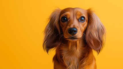 Adorable Longhaired Dachshund Puppy, Golden Fur, Yellow Background