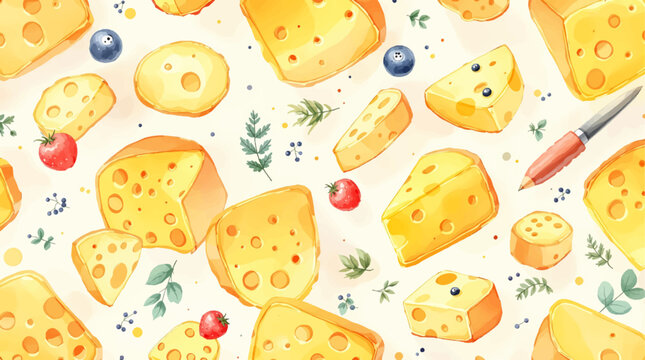 Patr&oacute;n acuarelado con variedades de queso y peque&ntilde;os frutos decorativos.
