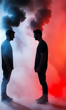 Two men standing in front of a red and white background with smoke in the air