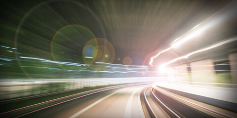 Abstract Background. Fast travel concept of vehicles with speed of movement on the side of the road. Motion, Travel, Transportation, Skytrain, Vehicle, Blur, Light Pat