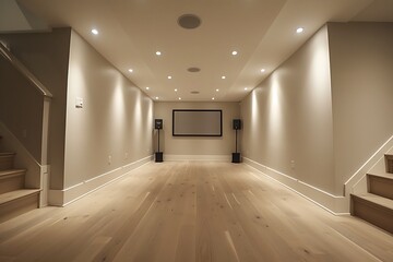 Modern Minimalist Home Theater with Soft Lighting and Hardwood Floors