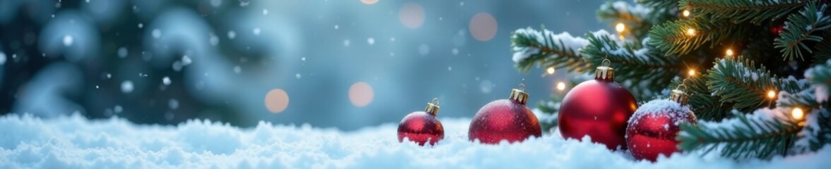 Obraz premium Snowy winter background with Christmas tree and ornaments, Evergreen trees, Frosty background