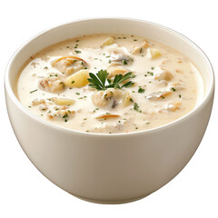 A creamy seafood chowder served in a white bowl, garnished with parsley and featuring clams and potatoes, Transparent background.