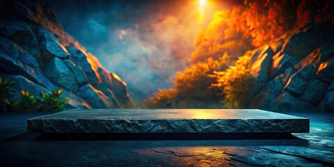Fototapeta premium A mysterious, dark stone platform, dramatically lit, showcases a product within a textured fantasy game asset scene.