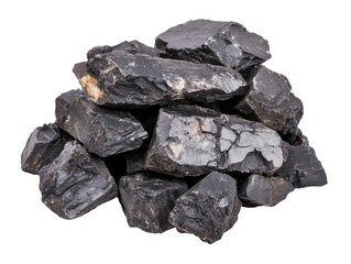Obraz premium A cluster of dark, rough-edged mineral chunks exhibiting various textures and shades of black, Transparent background.