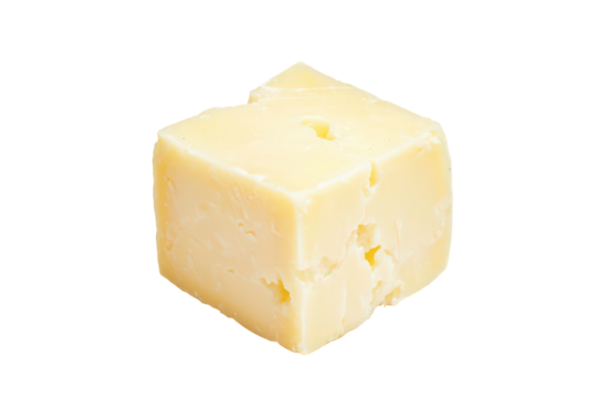 A solid cube of yellow cheese with a smooth surface and slight irregularities, Transparent background.