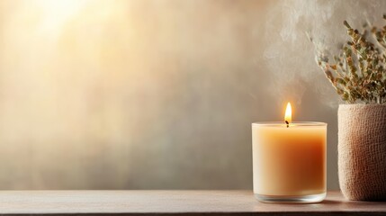 A simple yet elegant arrangement featuring a glowing candle next to a plant, creating a peaceful environment ideal for relaxation, meditation, or thoughtful moments.