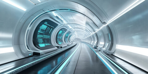 A futuristic 3D background of a hyperloop transport station. Sleek, white tunnels with glowing blue accents extend into the distance, while holographic information panels provide real-time travel data