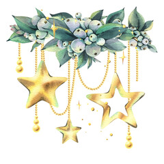 Obraz premium Golden New Year stars and beads hanging on beads with snowberry and sparkling stars. New Year, Christmas watercolor illustration hand drawn. Composition, sublimation, arrangement isolated