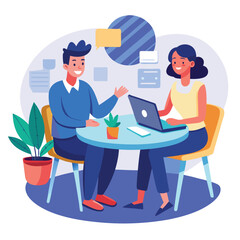 Partners meeting for business discussion with documents and laptop on desk. Couple at round table, speaking, discussing work, partnership. Flat vector illustration isolated on white background