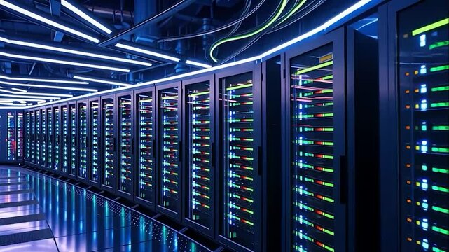 Illuminated data center corridor showcasing advanced server infrastructure