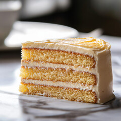 slice of layered vanilla cake with creamy frosting sits on marble surface, showcasing its intricate design and inviting texture