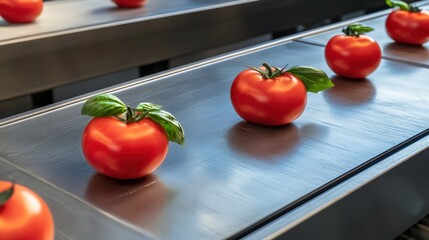 High-tech food processing line with fresh tomatoes, basil, and parsley on stainless steel conveyor belts, professional food safety environment, ultra-detailed lighting
