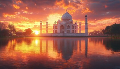 Obraz premium A large white monument reflecting in calm water during sunset