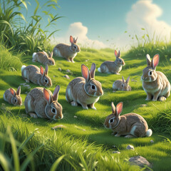 Placeholder
Here's a brief description of the image: A group of tan rabbits sit on a grassy hillside under a bright sky. This image, found on Adobe Stock, is likely intended to be submitted for stock 