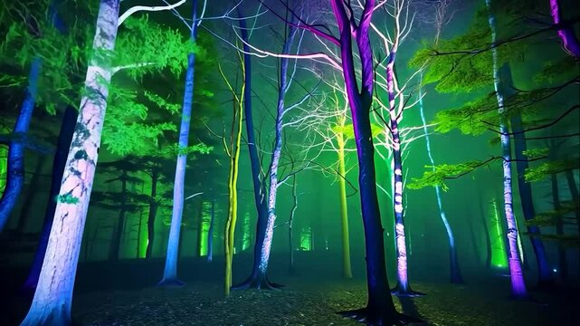 Enchanted luminescent forest bathed in otherworldly colored light