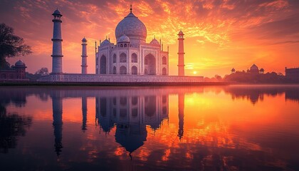 A beautiful white structure reflects in tranquil water during sunset
