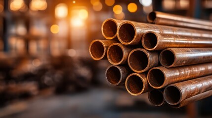 A visually striking arrangement of copper pipes captured in a bright industrial warehouse, showcasing the beauty of materials and unconventional artistry in everyday elements.