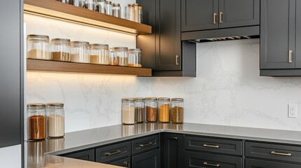 A clean-lined kitchen with dark matte cabinetry, open shelving holding only clear jars of spices, and a contrasting white marble