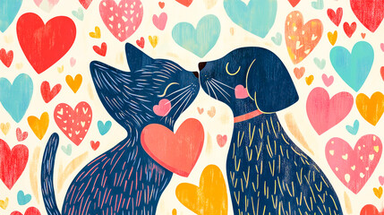 A St. Valentine's Day postcard featuring a cat and dog embracing each other on a colorful background with hand-drawn hearts, celebrating love, friendship, and affection