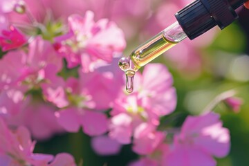 Droplet of essential oil captured above vibrant purple flowers in a serene garden setting during bright daylight. Copy space