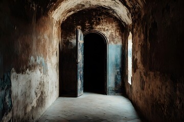 Obraz premium Dark Hallway Old Door Abandoned Building Mystery Grunge Texture
