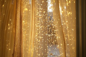 Golden Sheer Curtains with Fairy Lights  Bokeh Background