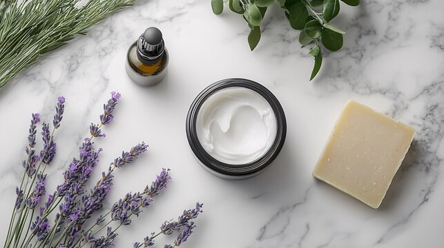 Natural skincare products arranged beautifully on a marbled surface