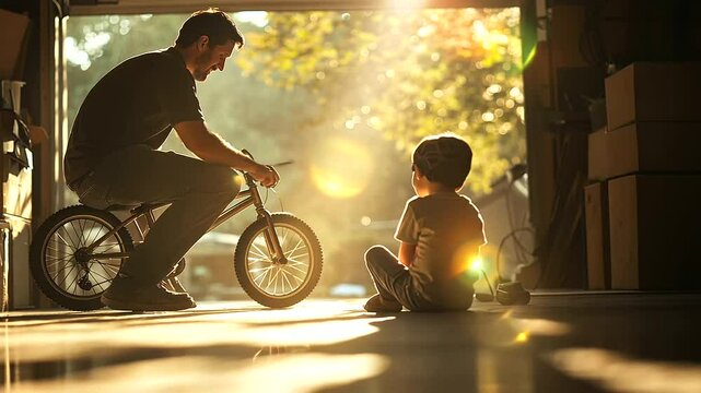 Father and child in garage fixing bike tire together