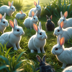 Placeholder
A group of rabbits sit in a sunny field of tall grasses. Most of the rabbits are white, but a few are black.