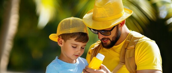 Sun Protection Applying Sunscreen by Father to Son at Outdoor Park on a Summer Day Fun Activity