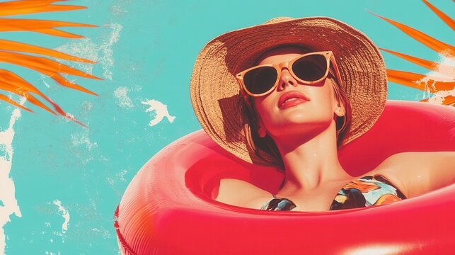 Woman enjoying summer in pool float with sunglasses