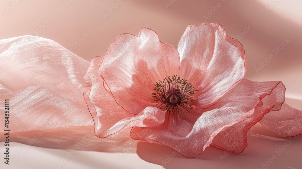 Poster a soft pink flower with gentle layers lays on a smooth, flowing fabric. sunlight highlights its deli