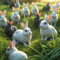 Placeholder
A collection of white and black rabbits sit in a green field. This generative AI image was successfully uploaded to Adobe Stock.