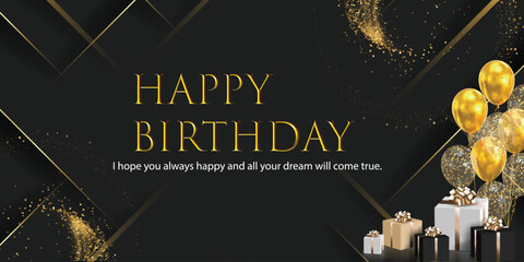 Happy Birthday background design. Happy birthday to you greeting text with elegant gift boxes and gold ribbon birth day party elements for celebration card design. © MD AL AMIN