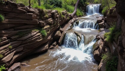 Fototapeta premium Beautiful waterfall landscape nature scenery rocks and trees cascading water scenic outdoor photography