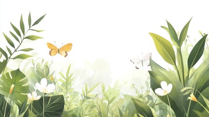 Obraz premium Serene Garden Scene with Butterflies and Greenery Elements