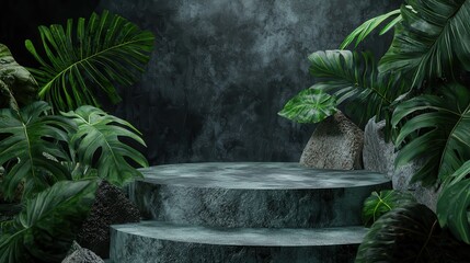 stone green podium or rock dais stage and nature green leaves. elegant green podium mock-up stand product scene green nature background. 3d podium stage illustration render tropical st : Generative AI