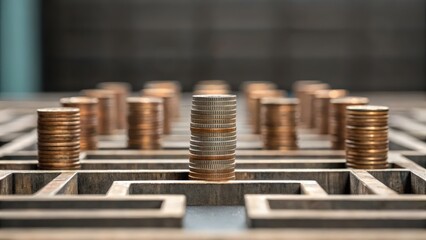 Coins arranged in a maze formation, with one stack prominently centered.